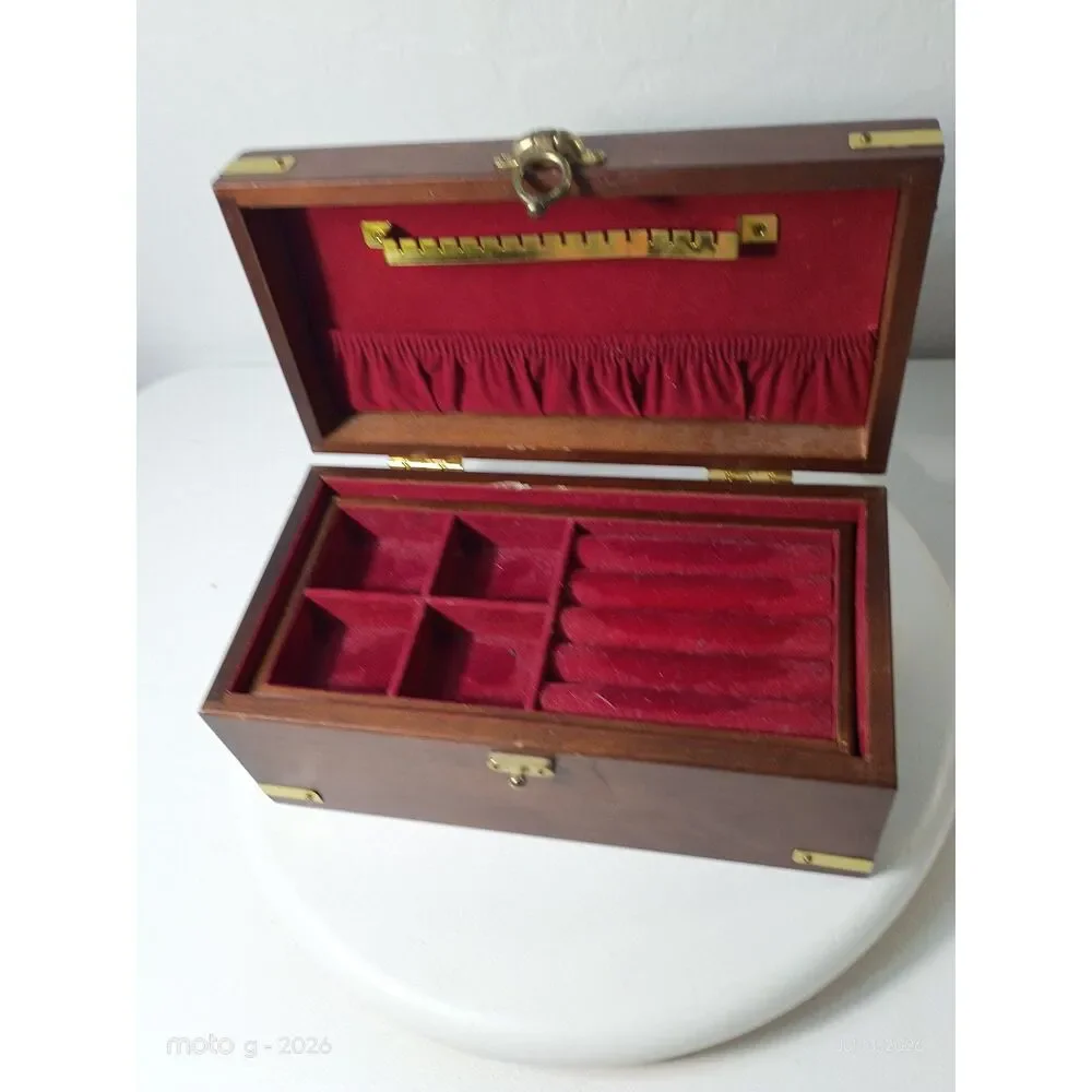 Vintage Wood Jewelry Chest Removable Tray Red Velvet Lining Brass Hardware